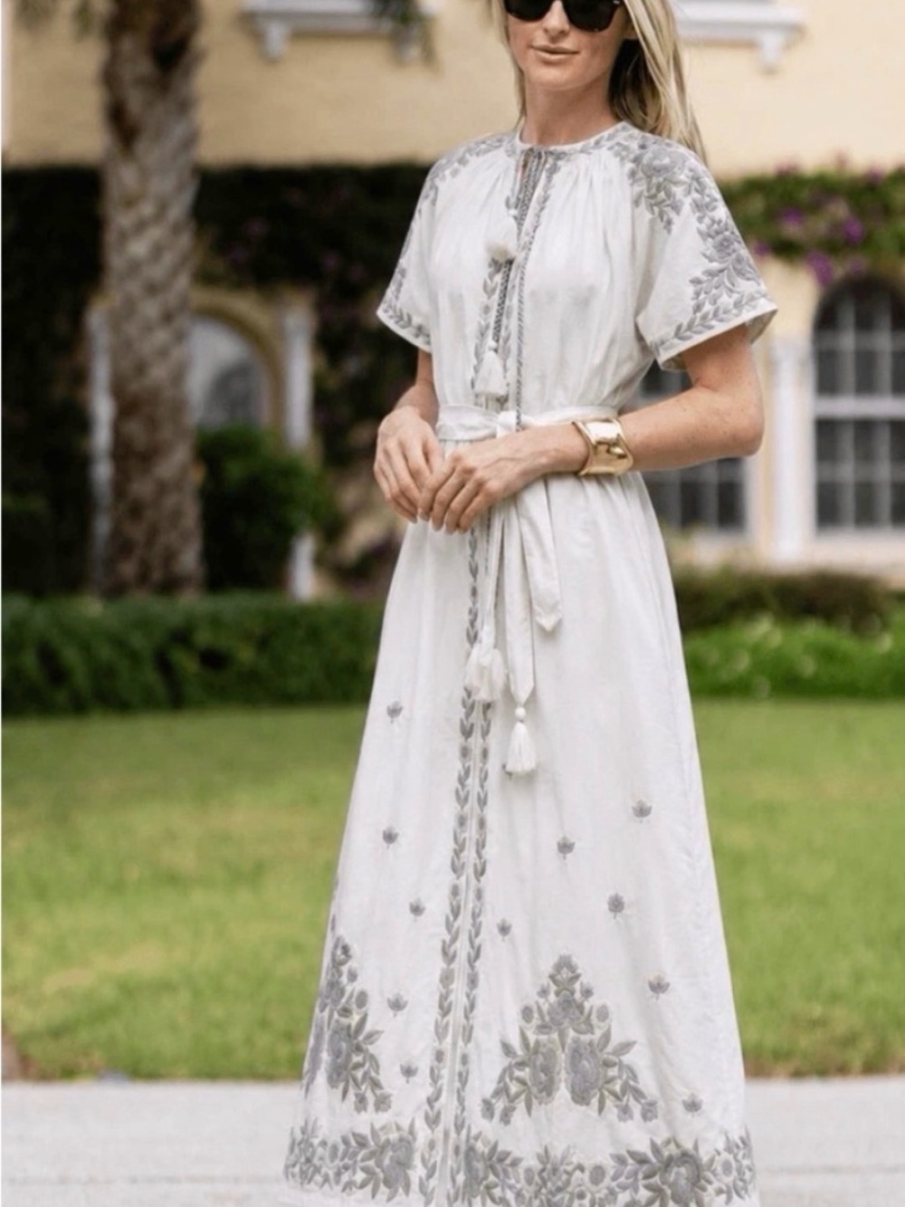 White Embroidered Midi Dress with Gray Accents
